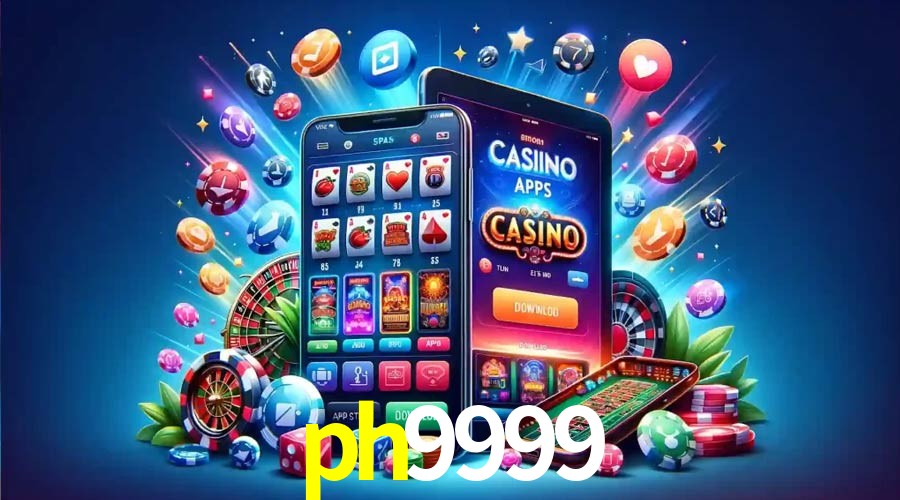 Una escena digital vívida inspirada en casino con ph9999 mostrado prominentemente, luces brillantes, fichas, cartas y acentos dorados.