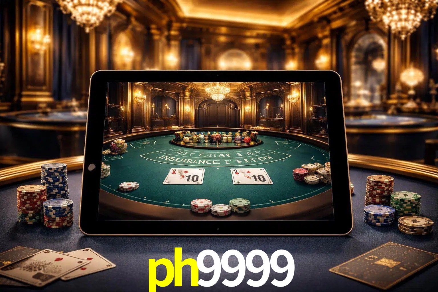 Configuración moderna de casino en vivo con una tableta mostrando una mesa de blackjack, luces cálidas de estudio y una atmósfera elegante de juegos digitales.