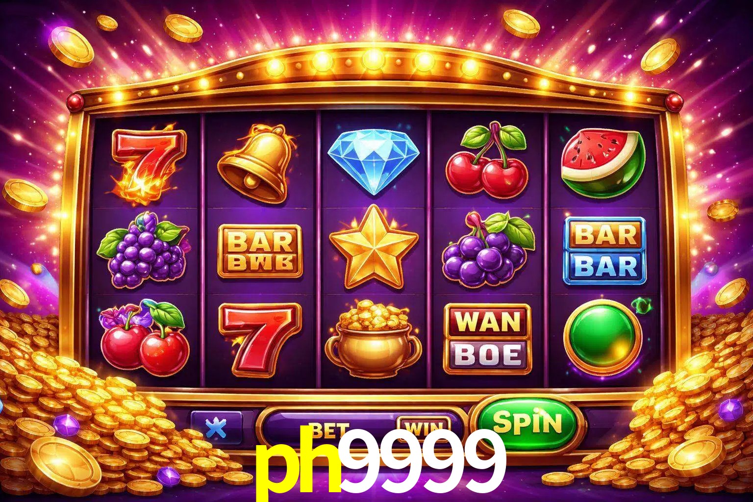 Una interfaz colorida de tragamonedas en línea con símbolos brillantes, monedas y un efecto de victoria celebratoria en ph9999.