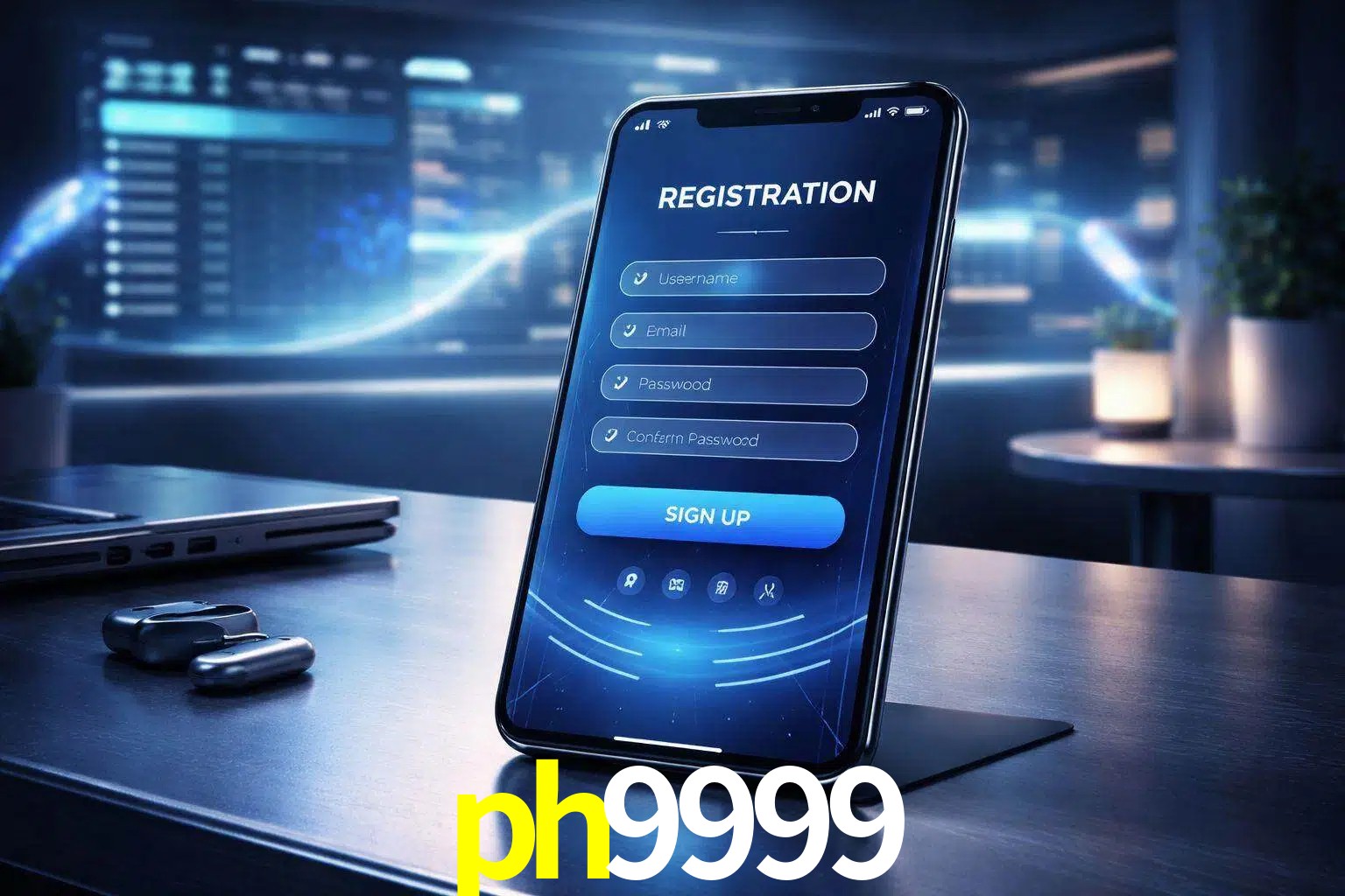 Una interfaz moderna de registro móvil para ph9999 mostrada en un smartphone con un panel de apuestas elegante.